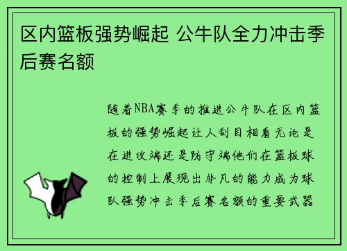 区内篮板强势崛起 公牛队全力冲击季后赛名额