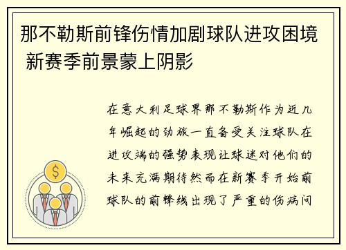 那不勒斯前锋伤情加剧球队进攻困境 新赛季前景蒙上阴影